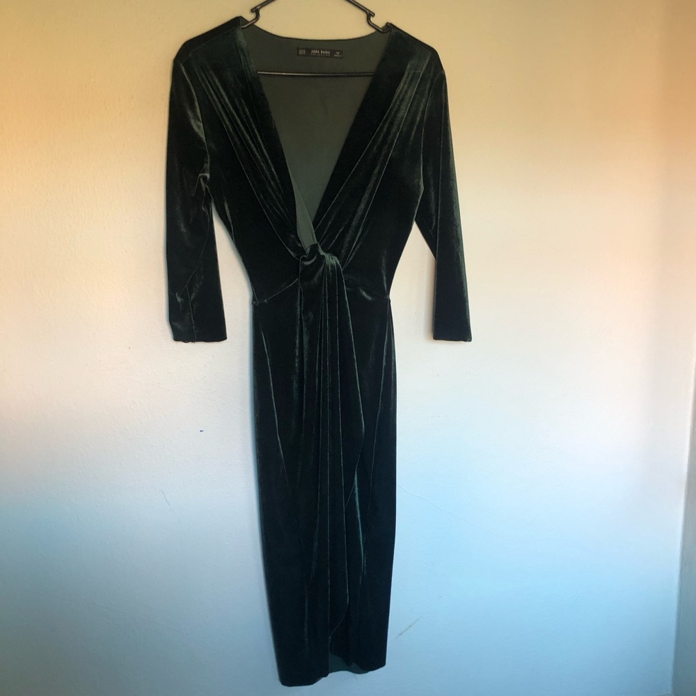 ZARA Velvet Emerald Moss Green Deep V Neck Midi Dress
